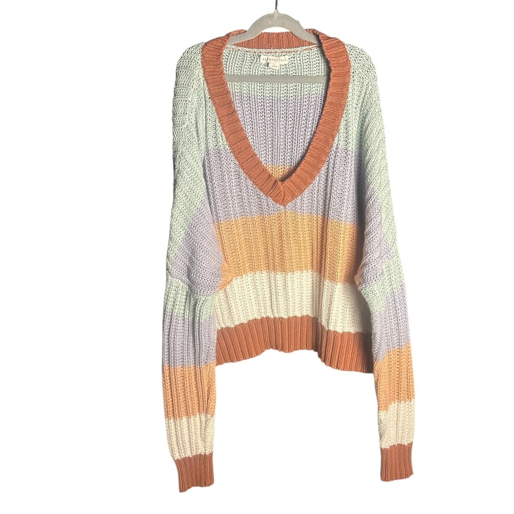 Y2K‎ Aeropostale Chunky Stripe V-Neck Sweater Women XL Soft Pastel Knit Preowned